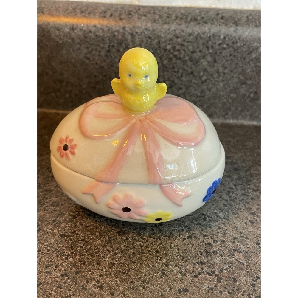 Vintage Ceramic Chick on Easter Egg Candy Container Dish